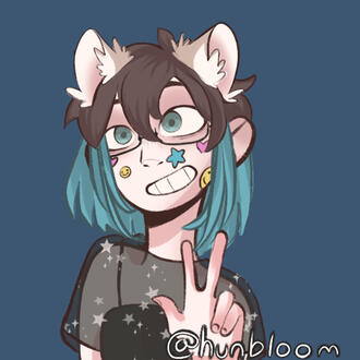 A Picrew of Mod Nastya, a white person with medium-length teal and brown hair, blue eyes, and glasses.